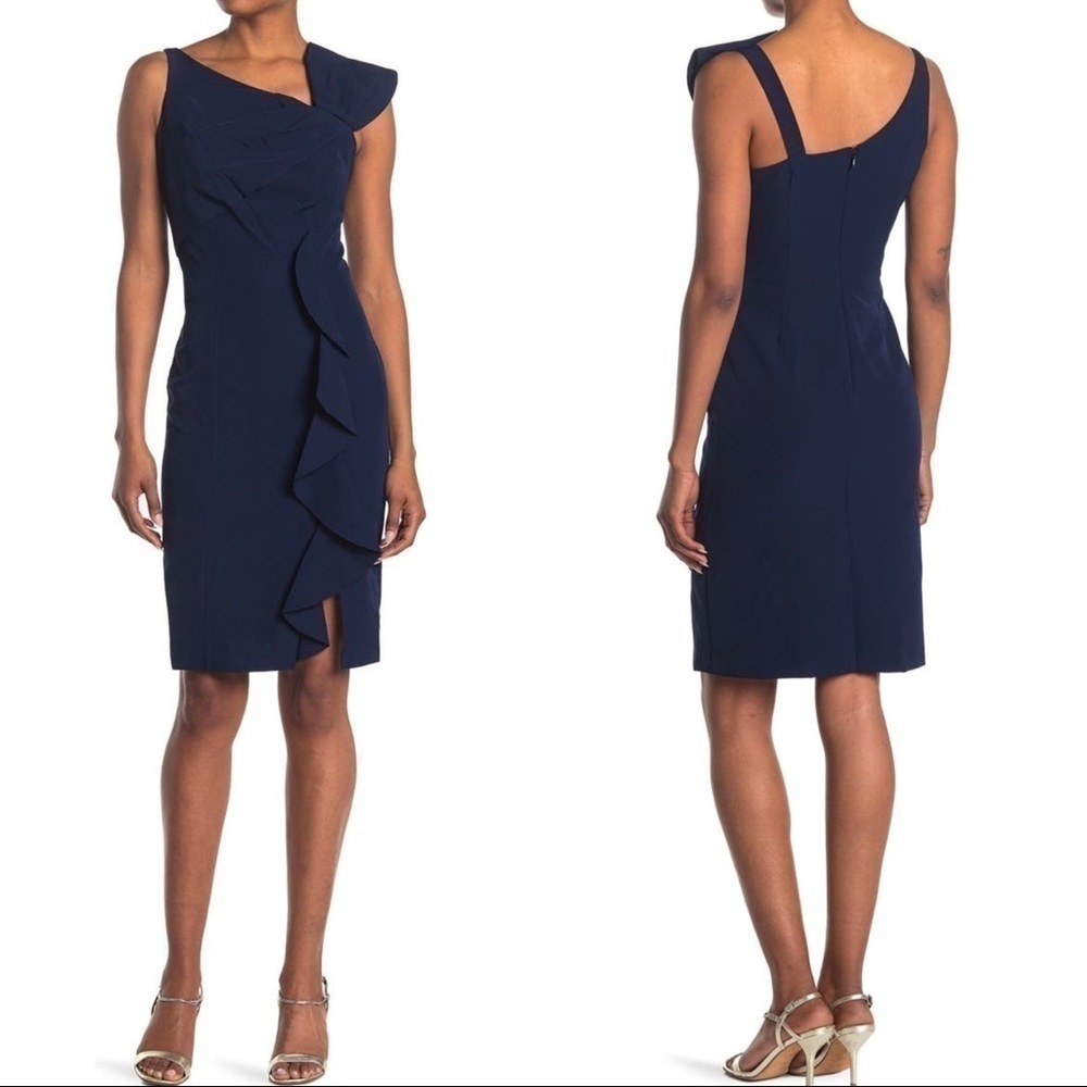 NEW Marina Asymmetrical Ruffle Sheath Midi Dress Navy Blue